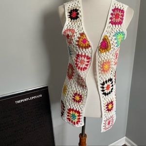 Vintage Handmade White Granny Square Crochet Vest